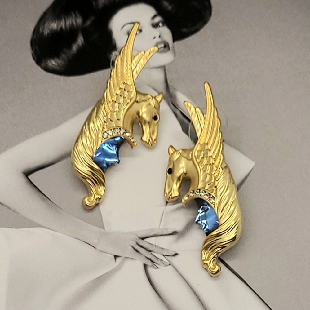 Vintage Kirks Folly Luxury Crystal Winged Pegasus Warrior Face Gold Earrings - Picture 10 of 15